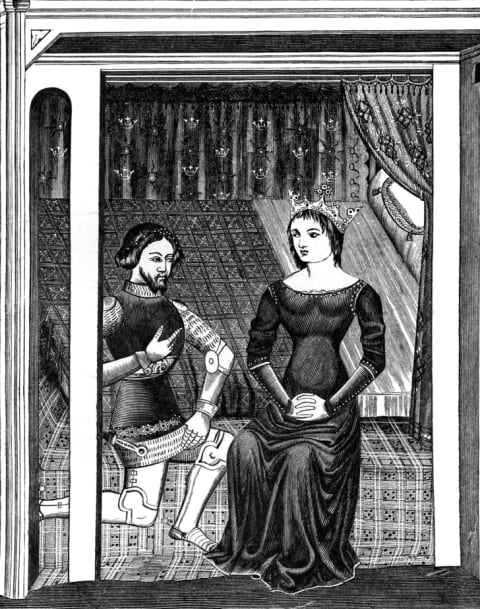 An etching of Guinevere and Lancelot from an 11th-century manuscript.