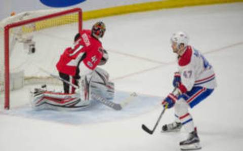 Mar 18, 2017; Ottawa, Ontario, CAN; Montreal Canadiens right wing Alexander Radulov (47) scores against Ottawa Senators goalie Craig Anderson (41) in a shootout the Canadian Tire Centre. The Canadiens defeated the Senators 4-3. Mandatory Credit: Marc DesRosiers-USA TODAY Sports