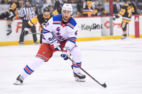 PITTSBURGH, PA – APRIL 06: New York Rangers Left Wing Brendan Smith (42) forechecks during the first period in the NHL game between the Pittsburgh Penguins and the New York Rangers on April 6, 2019, at PPG Paints Arena in Pittsburgh, PA. (Photo by Jeanine Leech/Icon Sportswire via Getty Images)