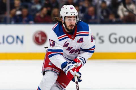 TORONTO, ON – MARCH 23: Mika Zibanejad #93 of the New York Rangers skates with the puck against the Toronto Maple Leafs during the first period at the Scotiabank Arena on March 23, 2019 in Toronto, Ontario, Canada. (Photo by Kevin Sousa/NHLI via Getty Images)