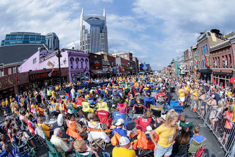 NASHVILLE, TN – JUNE 11: Predator fans celebrating pregame festivities on Broadway prior to game 6 of the 2017 NHL Stanley Cup Finals between the Pittsburgh Penguins and Nashville Predators on June 11, 2017, at Bridgestone Arena in Nashville, TN. (Photo by John Crouch/Icon Sportswire via Getty Images)