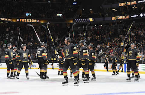 LAS VEGAS, NEVADA – SEPTEMBER 15: The Vegas Golden Knights celebrate after defeating the Arizona Coyotes in a preseason game at T-Mobile Arena on September 15, 2019 in Las Vegas, Nevada. (Photo by David Becker/NHLI via Getty Images)