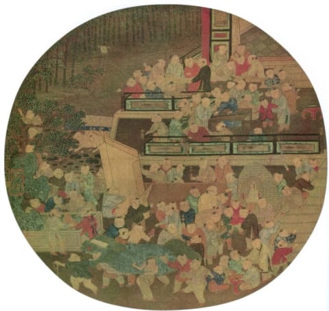 One Hundred Children Playing in the Spring (百子嬉春图页), a 12th-century painting from the Song Dynasty that depicts a lion dance.