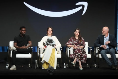 Gary Carr, Anne Hathaway, Cristin Milioti, and Daniel Jones of Modern Love speak onstage during the Summer 2019 Television Critics Association Press Tour.