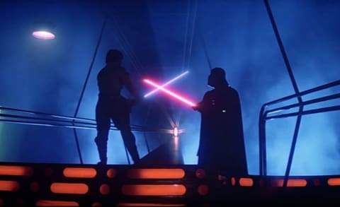 Mark Hamill and David Prowse in The Empire Strikes Back (1980).