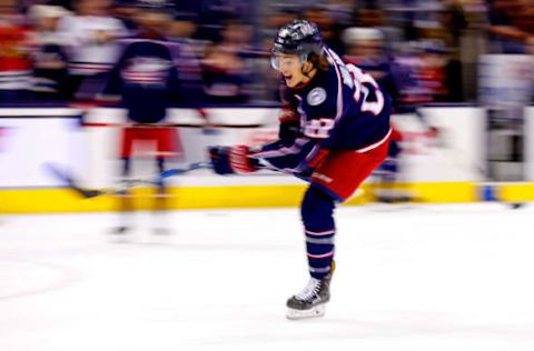 COLUMBUS, OH – OCTOBER 20: Sonny Milano #22 of the Columbus Blue Jackets warms up prior to the start of the game against the Chicago Blackhawks on October 20, 2018 at Nationwide Arena in Columbus, Ohio. (Photo by Kirk Irwin/Getty Images)