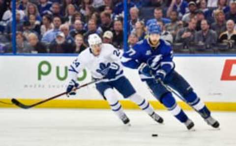 TAMPA, FL – MARCH 20: Tampa Bay Lightning defender Victor Hedman (77) skates away from Toronto Maple Leafs right wing Kasperi Kapanen  (Photo by Roy K. Miller/Icon Sportswire via Getty Images)