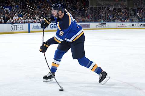 ST. LOUIS, MO – DECEMBER 16: Joel Edmundson #6 of the St. Louis Blues takes a shot against the Calgary Flames at Enterprise Center on December 16, 2018 in St. Louis, Missouri. (Photo by Joe Puetz/NHLI via Getty Images)