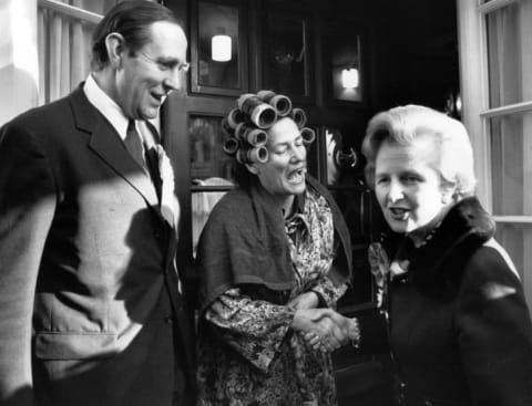 Margaret Thatcher with an unofficial member of the blue-rinse brigade in 1977.