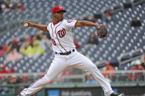 Sep 29, 2016; Washington, DC, USA; Washington Nationals pitcher Reyynaldo Lopez (49) throws to the Arizona Diamondbacks during the fifth inning at Nationals Park. Mandatory Credit: Brad Mills-USA TODAY Sports