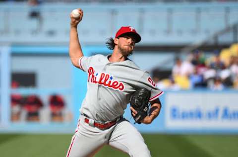 Nola dials up a four-seam fastball to set up a Dodger for his secondary pitches. Photo by Brian Rothmuller/Icon Sportswire via Getty Images.