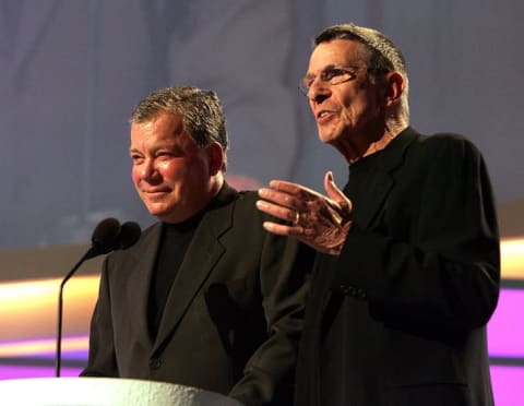 William Shatner and Leonard Nimoy present the award for "King of Zing / Queen of Quip" at the 2005 TV Land Awards in Santa Monica, California.