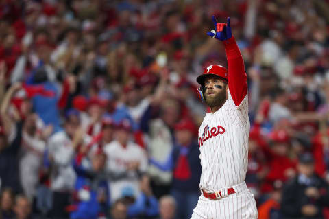 Nov 1, 2022; Philadelphia, PA, USA; Philadelphia Phillies designated hitter Bryce Harper (3) reacts after hitting a two run home run against the Houston Astros during the first inning in game three of the 2022 World Series at Citizens Bank Park. Mandatory Credit: Bill Streicher-USA TODAY Sports