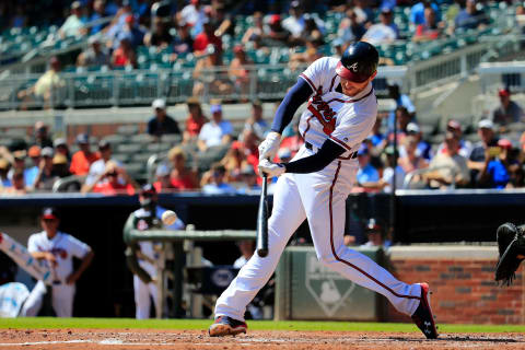 ATLANTA, GA – SEPTEMBER 19: Freddie Freeman #5 of the Atlanta Braves hits an RBI single during the fifth inning against the St. Louis Cardinals at SunTrust Park on September 19, 2018 in Atlanta, Georgia. (Photo by Daniel Shirey/Getty Images)