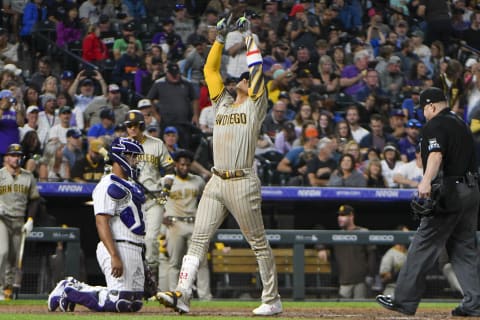 Sep 23, 2022; Denver, Colorado, USA; San Diego Padres right fielder Juan Soto (22) gestures at home plate after hitting a solo home run during the eighth inning against the Colorado Rockies at Coors Field. Mandatory Credit: John Leyba-USA TODAY Sports