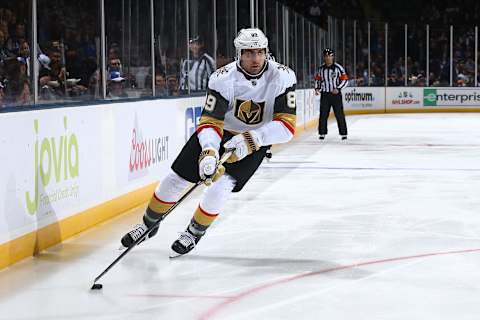 UNIONDALE, NEW YORK – DECEMBER 05: Alex Tuch #89 of the Vegas Golden Knights in action against the New York Islanders at NYCB Live’s Nassau Coliseum on December 05, 2019 in Uniondale, New York. New York Islanders defeated the Vegas Golden Knights 3-2 in overtime. (Photo by Mike Stobe/NHLI via Getty Images)