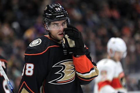 ANAHEIM, CALIFORNIA – FEBRUARY 19: Derek Grant #38 of the Anaheim Ducks looks on during the second period of a game at Honda Center on February 19, 2020 in Anaheim, California. (Photo by Sean M. Haffey/Getty Images)