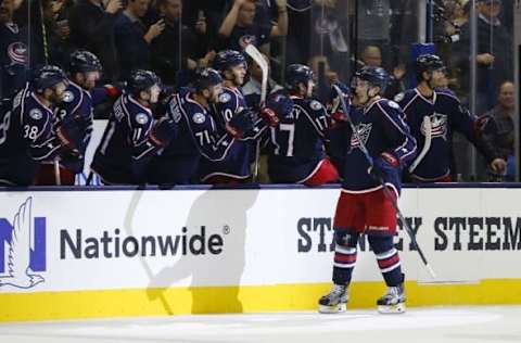 Nov 15, 2016; Columbus, OH, USA; Columbus Blue Jackets defenseman Zach Werenski (8) celebrates a goal against the Washington Capitals during the third period at Nationwide Arena. Columbus beat Washington in overtime 3-2. Mandatory Credit: Russell LaBounty-USA TODAY Sports