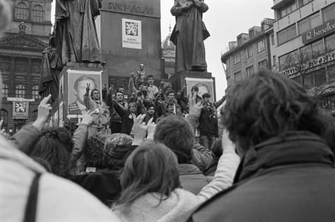 Supporters of Vaclav Havel celebrate his election to the presidency after the Velvet Revolution, in which the Communist government of Czechoslovakia was peacefully overthrown.