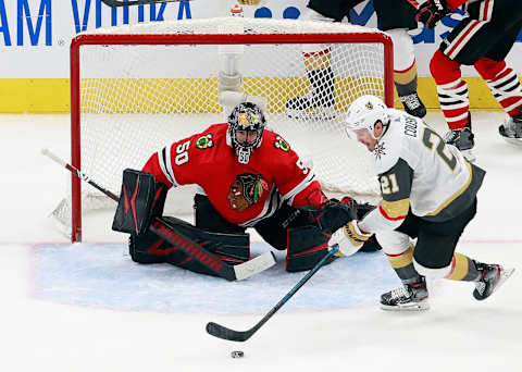 Corey Crawford #50 of the Chicago Blackhawks (Photo by Jeff Vinnick/Getty Images)