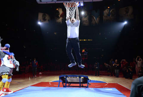 Steve Ballmer, mid-dunk, at a Clippers game in 2016.