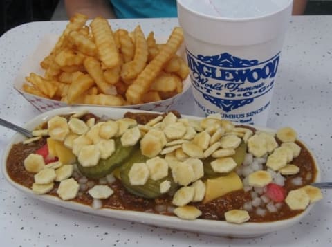 A scrambled dog from Dinglewood Pharmacy in Columbus, Georgia.