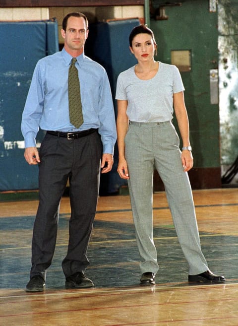 Chris Meloni and Mariska Hargitay on the set of Law and Order: Special Victims Unit in 1999.