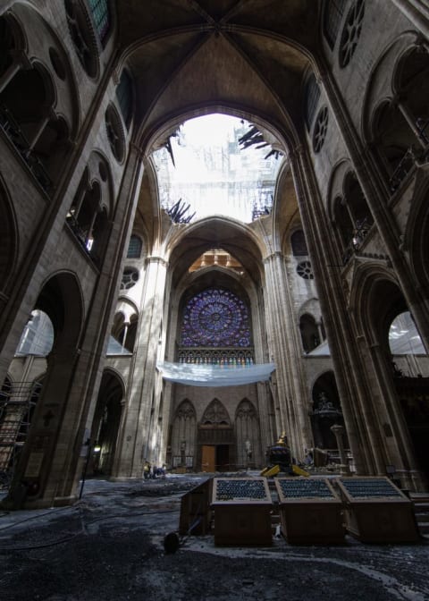 Interior vault of Notre-Dame after the fire.