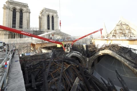 Construction crews removing debris from Notre-Dame after the fire.