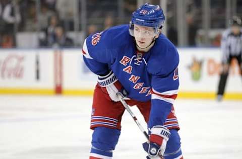 Sep 29, 2016; New York, NY, USA; New York Rangers left wing Jimmy Vesey (26) in action against the New Jersey Devils at Madison Square Garden. Mandatory Credit: Brad Penner-USA TODAY Sports