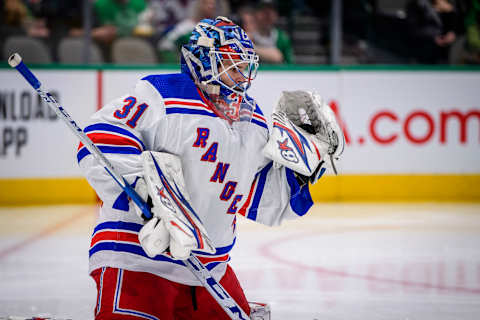 Mar 10, 2020; Dallas, Texas, USA; New York Rangers goaltender Igor Shesterkin (31) makes a save on a Dallas Stars shot during the second period at the American Airlines Center. Mandatory Credit: Jerome Miron-USA TODAY Sports