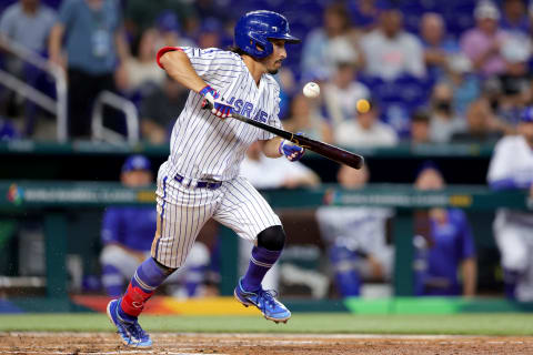 Garrett Stubbs of Team Israel bunts against Team Nicaragua during the fifth inning of a World Baseball Classic Pool D game at Loan Depot park in Miami. (Photo by Megan Briggs/Getty Images)