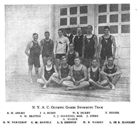 The 1904 New York Athletic Club Olympic swim team, including the three plunging medalists.