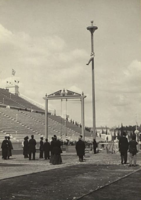 Rope climbing during the 1896 Olympics.