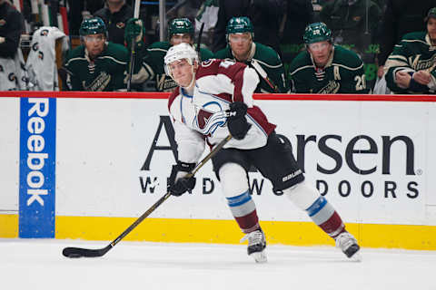 Apr 2, 2017; Saint Paul, MN, USA; Colorado Avalanche defenseman Tyson Barrie (4) passes in the first period against the Minnesota Wild at Xcel Energy Center. Mandatory Credit: Brad Rempel-USA TODAY Sports