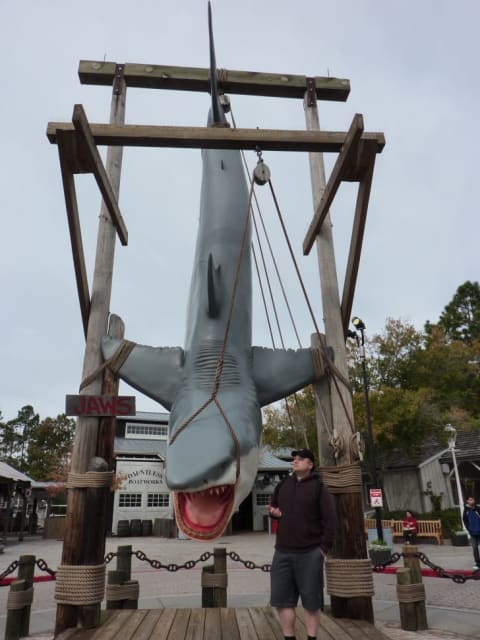 A shark is displayed outside the entrance to the Jaws ride in Universal Studios Florida.