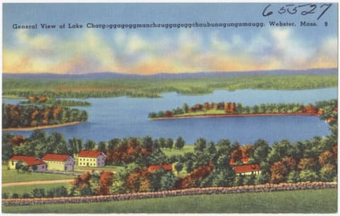 A vintage postcard of Chargoggagoggmanchauggagoggchaubunagungamaugg.