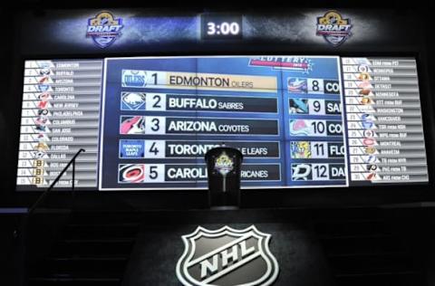 Jun 26, 2015; Sunrise, FL, USA; A general view of the podium on stage before the first round of the 2015 NHL Draft at BB&T Center. Mandatory Credit: Steve Mitchell-USA TODAY Sports