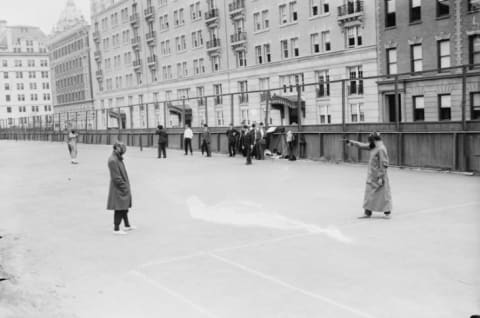 Duelists fire wax bullets at one another in New York City in 1909.