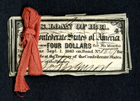 Confederate bond coupons from the Civil War.