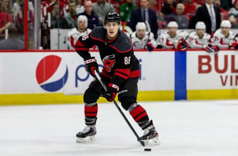 RALEIGH, NC – JANUARY 03: Carolina Hurricanes Right Wing Teuvo Teravainen (86) controls the puck during an NHL game between the Carolina Hurricanes and the Washington Capitals on January 3, 2020 at the PNC Arena in Raleigh, NC. (Photo by John McCreary/Icon Sportswire via Getty Images)