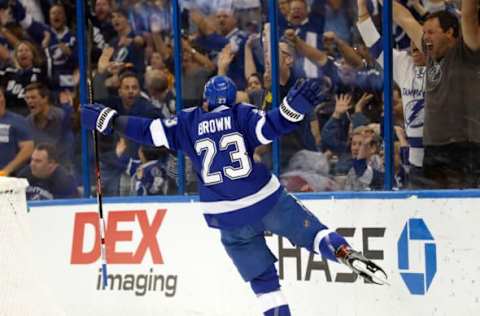 Mar 30, 2017; Tampa, FL, USA; Tampa Bay Lightning right wing J.T. Brown (23) celebrates after scoring a goal against the Detroit Red Wings during the first period at Amalie Arena. Mandatory Credit: Kim Klement-USA TODAY Sports