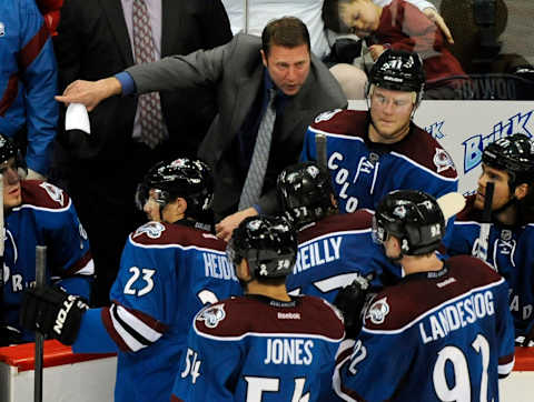 Colorado coach Joe Sacco explained his plan for the last three minutes of the third period. The Colorado Avalanche fell to the Columbus Blue Jackets 5-2 at the Pepsi Center Thursday night, April 5, 2011. Karl Gehring/The Denver Post (Photo By Karl Gehring/The Denver Post via Getty Images)