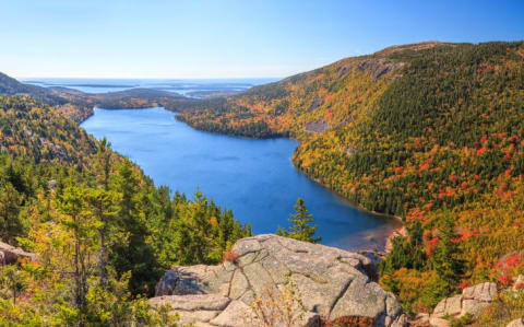 A panoramic view of Jordan Pond in Acadia National Park.