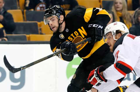 Mar 4, 2017; Boston, MA, USA; Boston Bruins right wing Drew Stafford (19) lets go a shot against the New Jersey Devils during the first period at TD Garden. Mandatory Credit: Winslow Townson-USA TODAY Sports