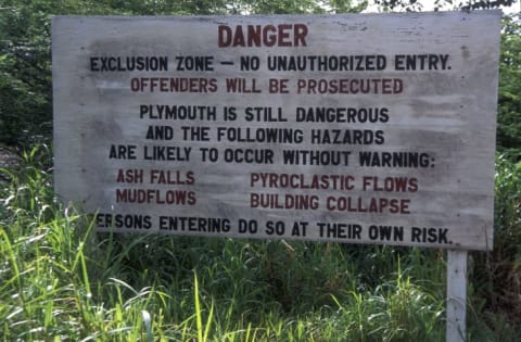 A warning sign at the entrance to Montserrat's exclusion zone.