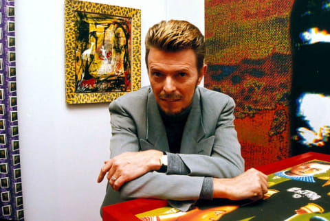 David Bowie at his first solo art exhibition in London in the 1990s.