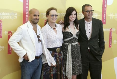 The Devil Wears Prada stars Stanley Tucci, Meryl Streep, and Anne Hathaway and director David Frankel promote the movie at the 2006 Venice Film Festival.