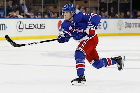 NEW YORK, NEW YORK – OCTOBER 29: Nils Lundkvist #27 of the New York Rangers shoots the puck during the second period against the Columbus Blue Jackets at Madison Square Garden on October 29, 2021, in New York City. (Photo by Sarah Stier/Getty Images)