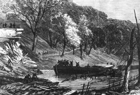 An 1874 engraving shows the aftermath of the Regent's Canal explosion.